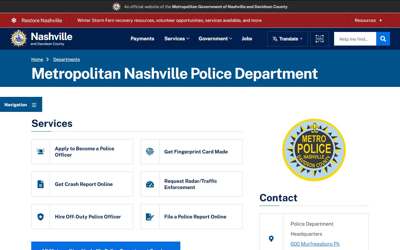 Nashville Warrant Records on the Nashville Police Department website