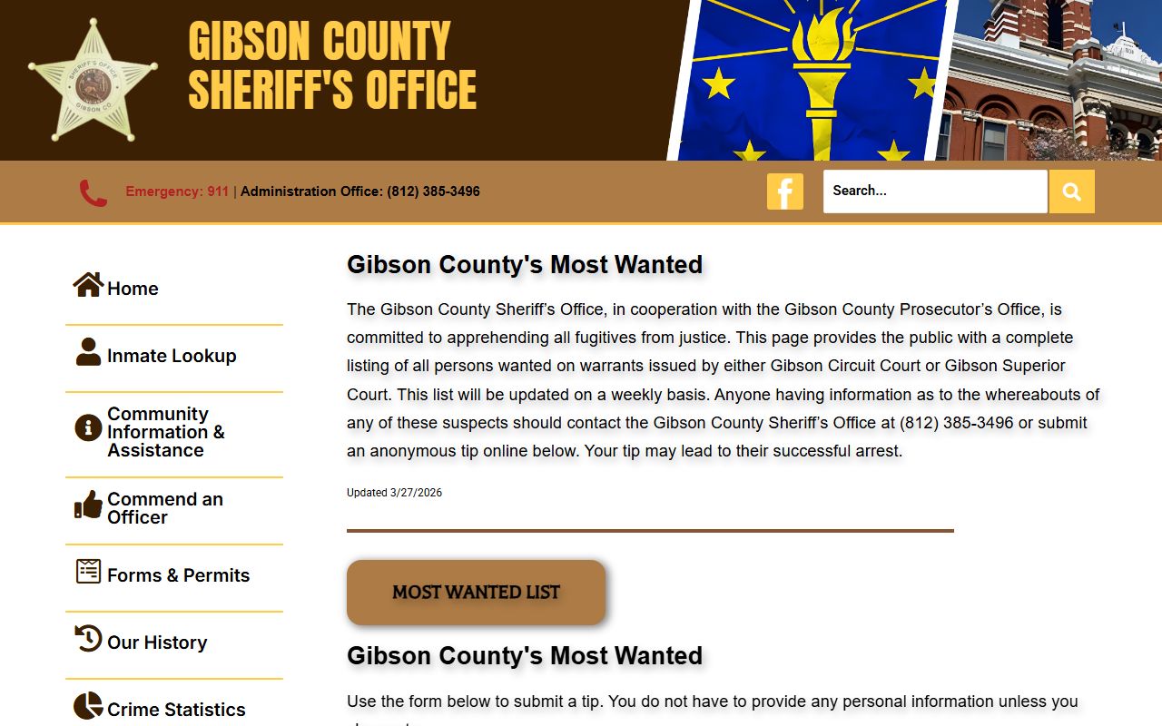 Gibson County warrant records image from the most wanted page