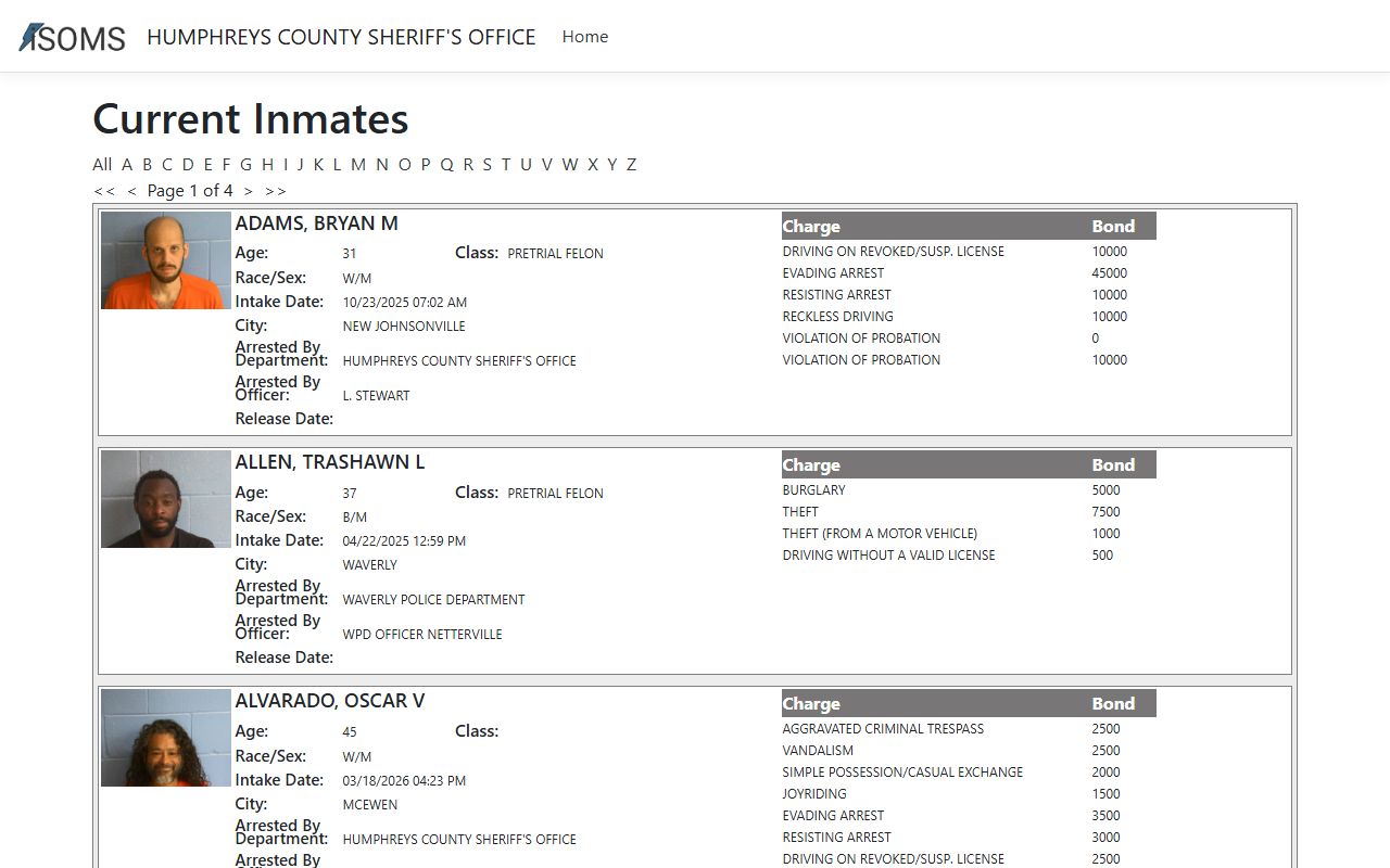Humphreys County warrant records jail portal screenshot