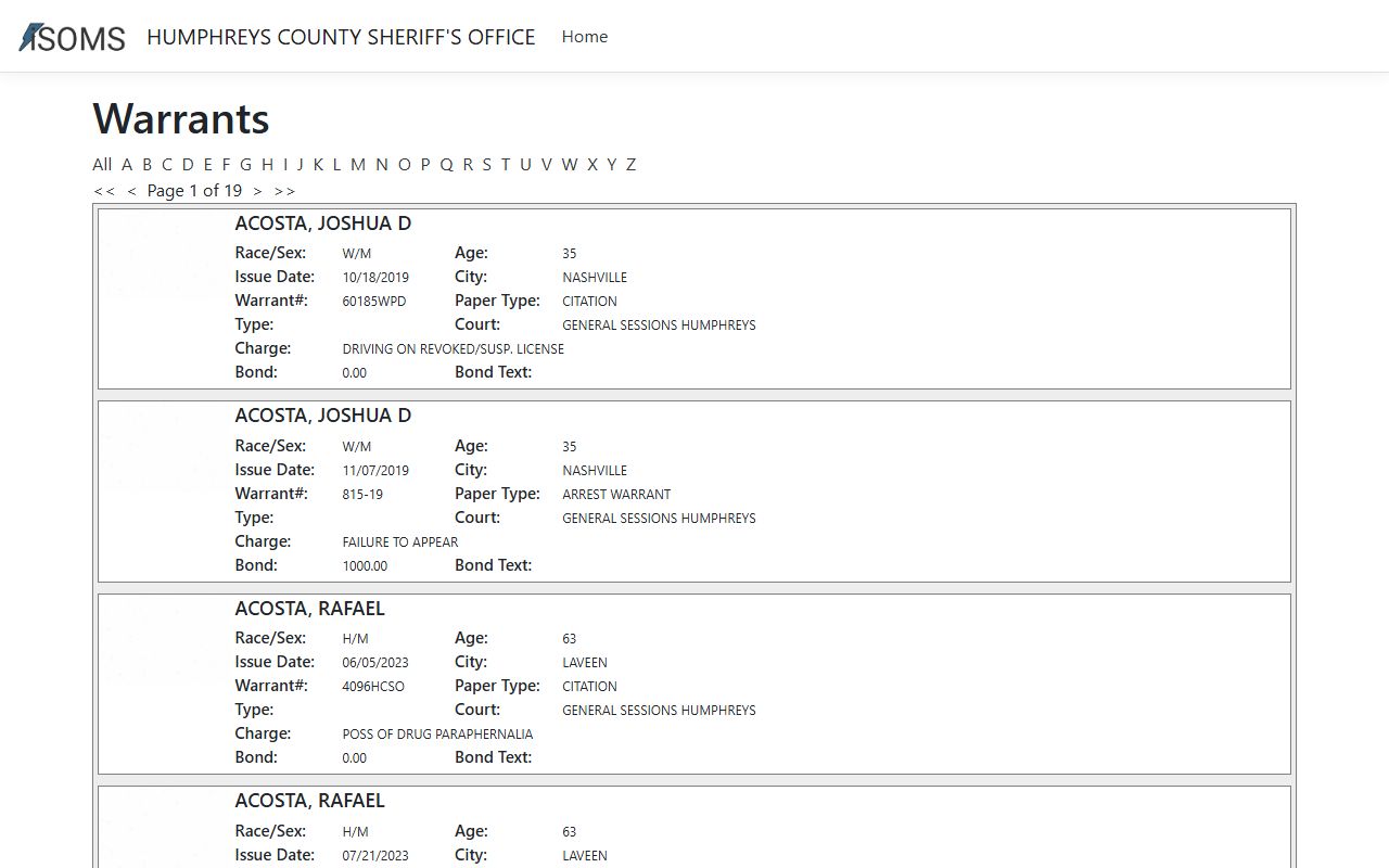 Humphreys County warrant records warrants portal screenshot