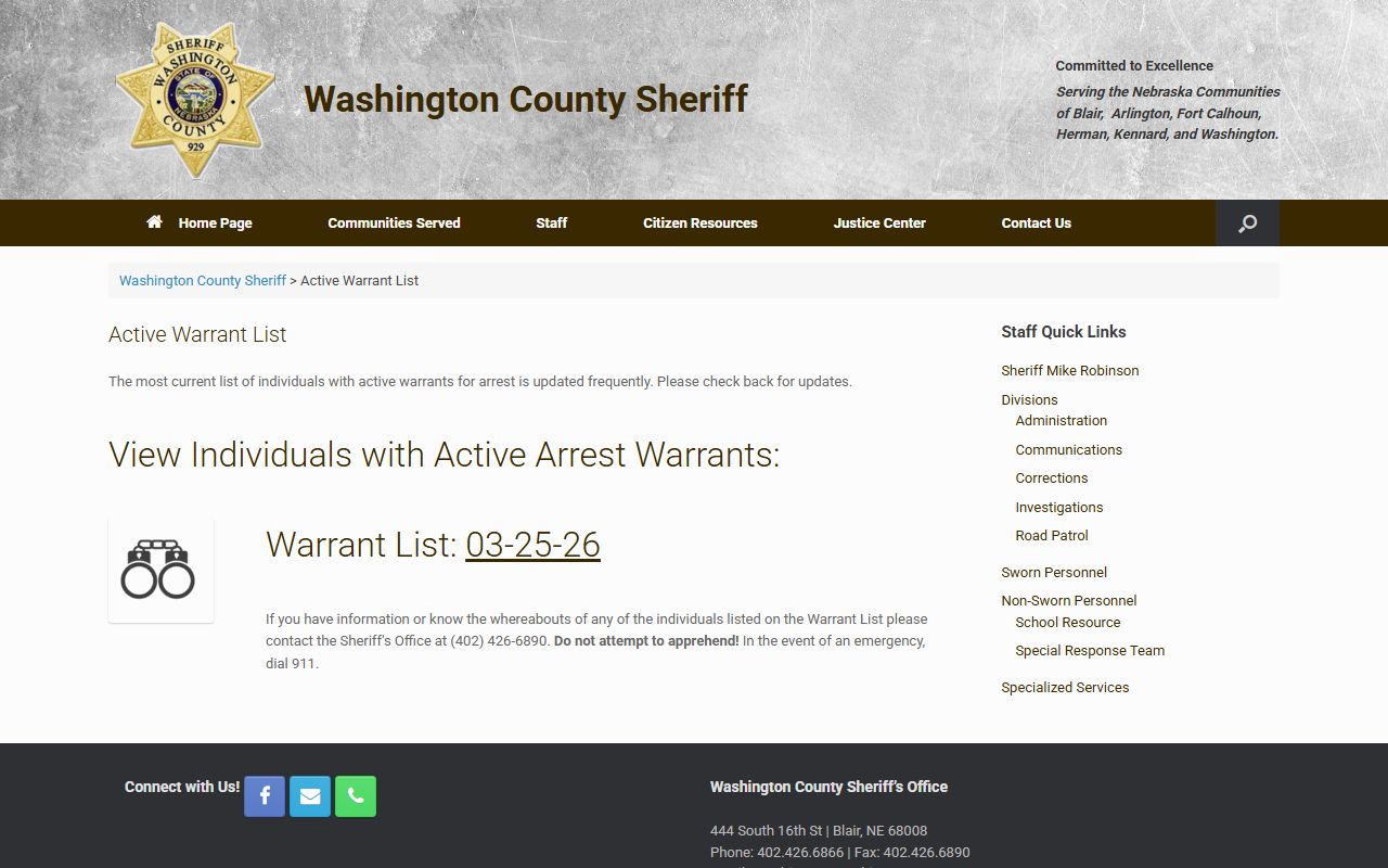 Washington County Warrant Records Washington County active warrant list