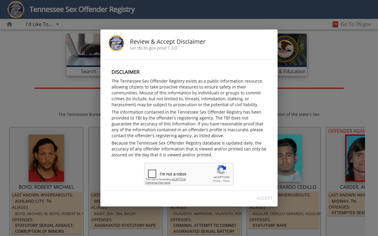 Tennessee Warrant Records sex offender registry search portal