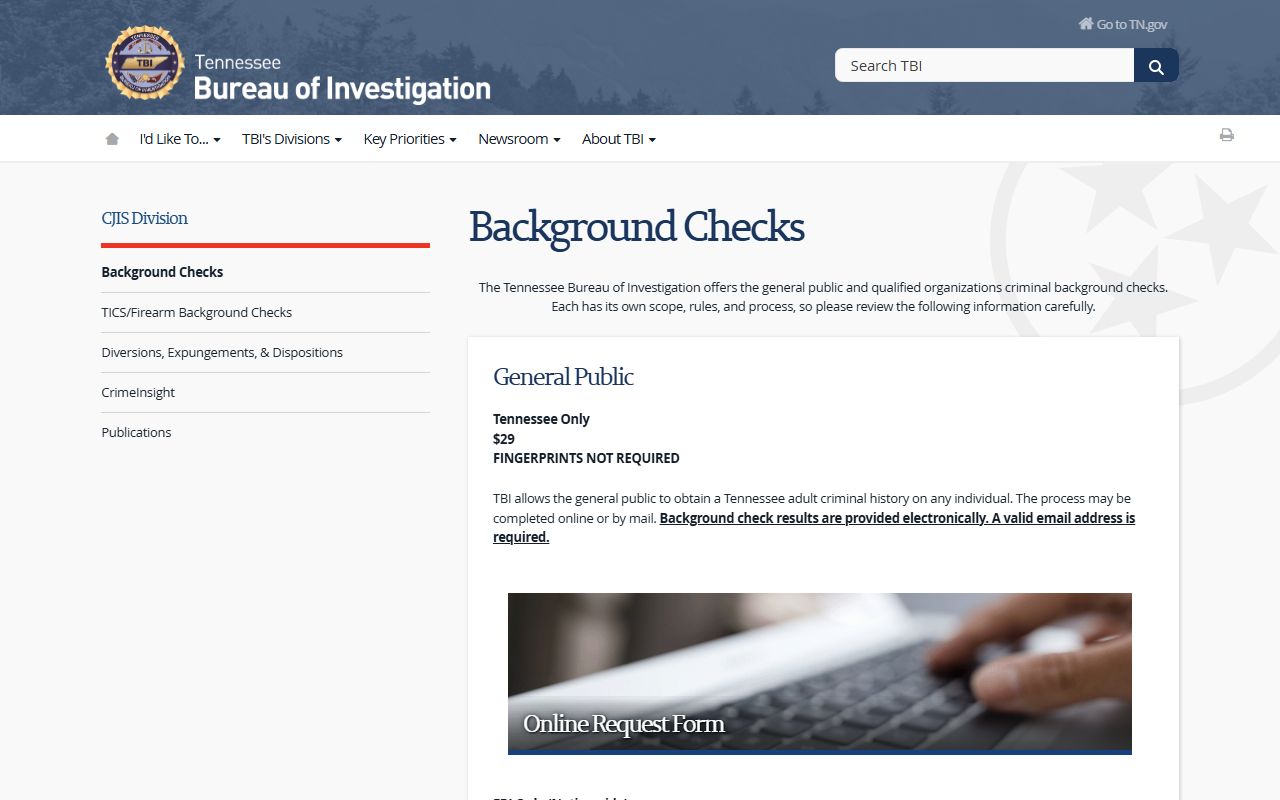 Tennessee Warrant Records TBI background checks page