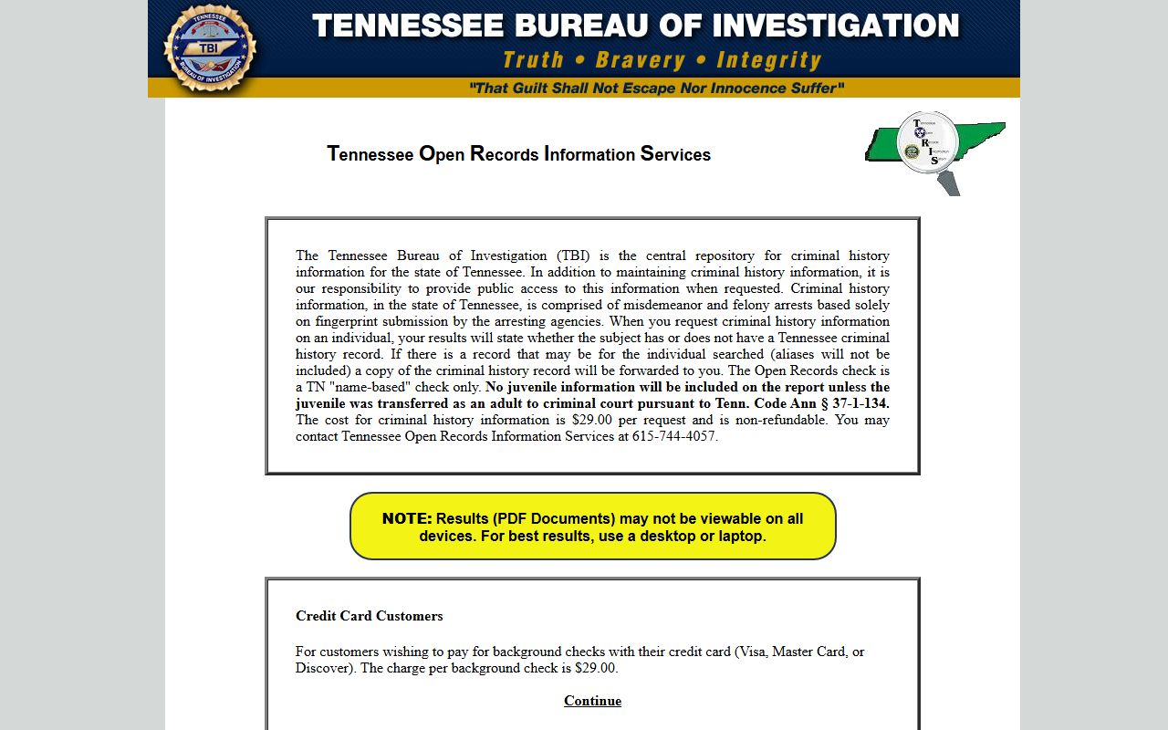 Tennessee Warrant Records TORIS online portal